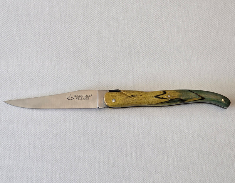 🐝 LAGUIOLE VILLAGE – RESSORTS À POMPE – Modell DOUBLE EFFET Klappmesser 12 cm mit patentierter Double-Action & Holzgriff Buche Stabilisiert