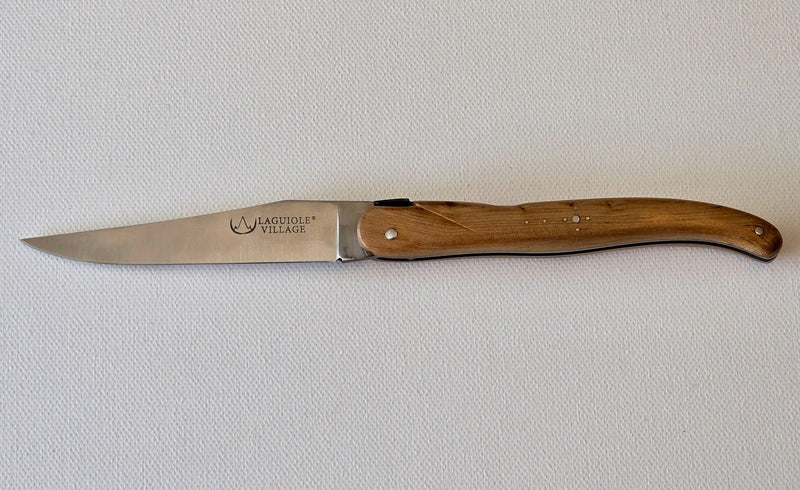🐝 LAGUIOLE VILLAGE – RESSORTS À POMPE – Modell DOUBLE EFFET Klappmesser 12 cm mit patentierter Double-Action & Holzgriff Wacholder