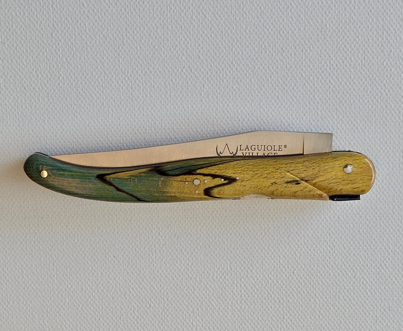 🐝 LAGUIOLE VILLAGE – RESSORTS À POMPE – Modell DOUBLE EFFET Klappmesser 12 cm mit patentierter Double-Action & Holzgriff Buche Stabilisiert