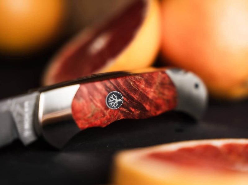 Böker Optima Maserbirke Bloody Orange Damast