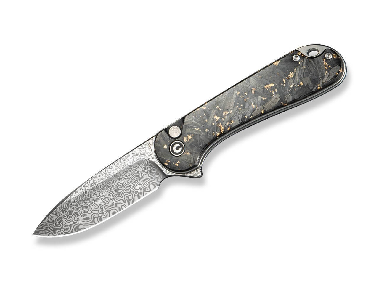 CIVIVI Button Lock Elementum II Shredded CF Golden Resin Damascus