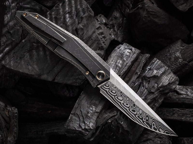 WE Knife Cybernetic Titanium Black Etching Pattern Damascus