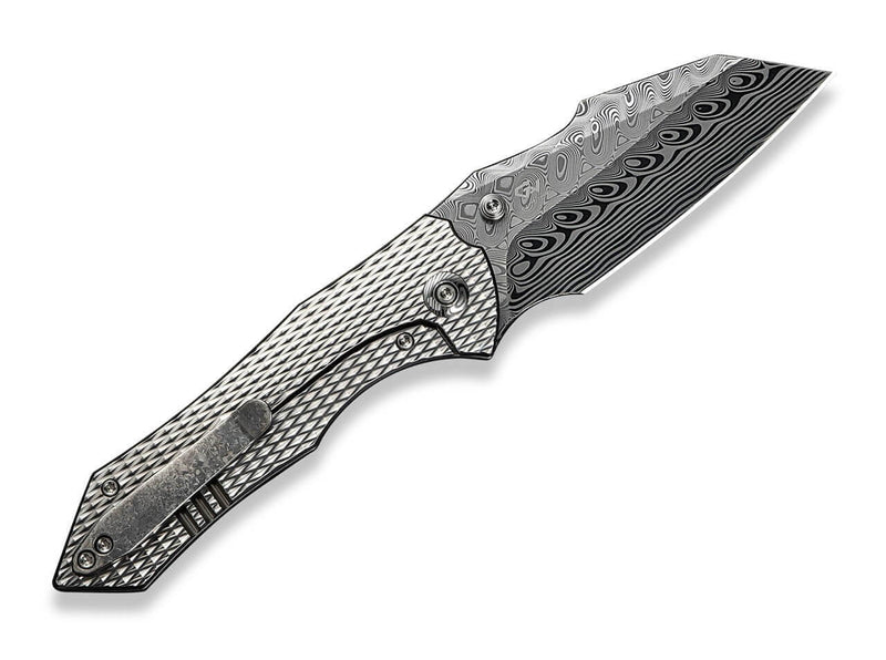 WE Knife High-Fin XL Damascus Titanium Crystalized Gray