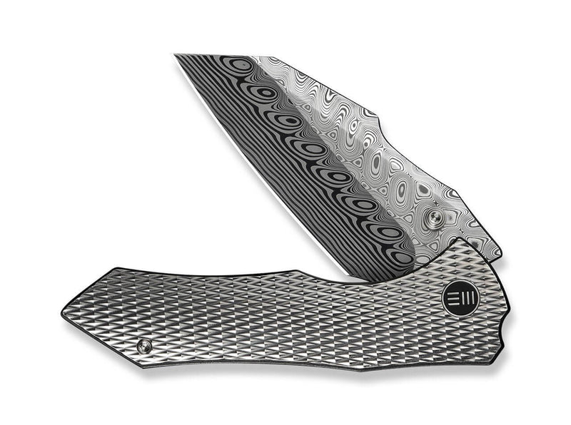 WE Knife High-Fin XL Damascus Titanium Crystalized Gray