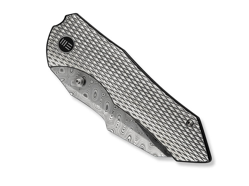 WE Knife High-Fin XL Damascus Titanium Crystalized Gray