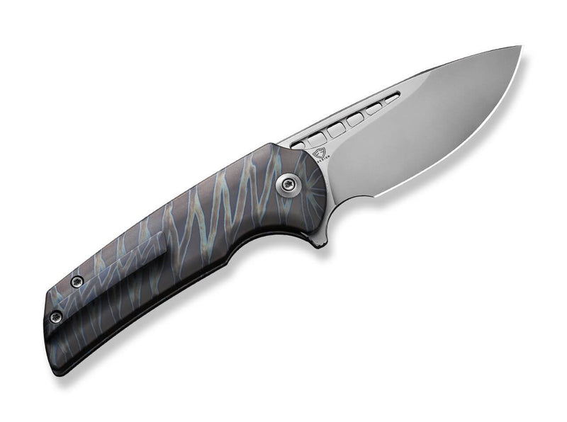 WE Knife Mini Malice Button Lock Tiger Stripe Flamed Titanium