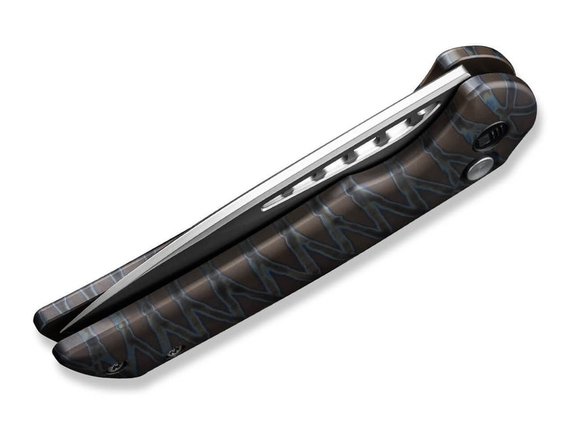 WE Knife Mini Malice Button Lock Tiger Stripe Flamed Titanium