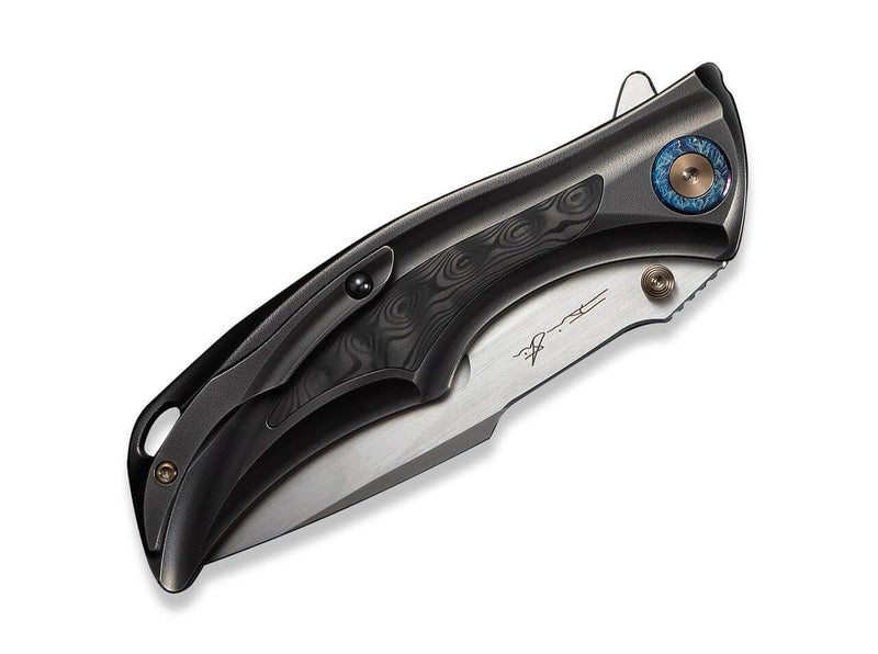 WE Knife Tighe Down M390 Gray Ti Orange Peel Rose CF