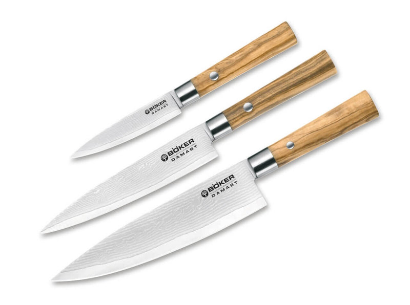 Böker Damast Olive Messertrio mit Geschirrtuch