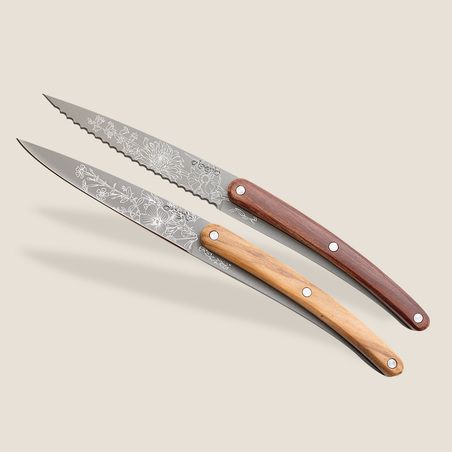 2 Deejo Schälmesser, Olivenholz und Korallenholz / Blossom