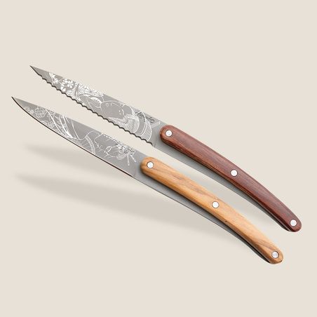 2 Deejo Schälmesser, Olivenholz und Korallenholz / Japanisch