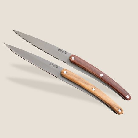 2 Deejo Schälmesser, Olivenholz und Korallenholz