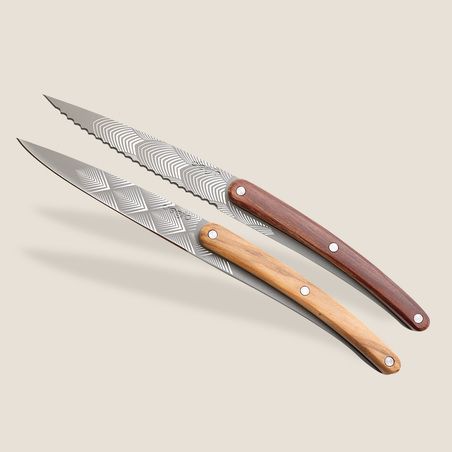 2 Deejo Schälmesser, Olivenholz und Korallenholz / Art Déco